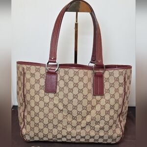 GUCCI 2005 GG Coated Canvas/Leather Equestrian structured Open Tote Bag Bordeaux